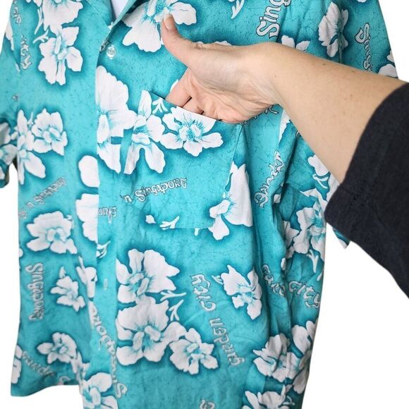 Vintage 80s Singapore Hawaiian Shirt Mens Size XL Blue Aloha - Picture 3 of 6